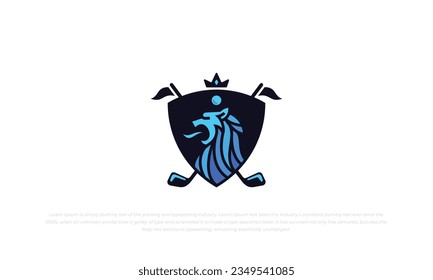 lion golf logo with crown in shield shape