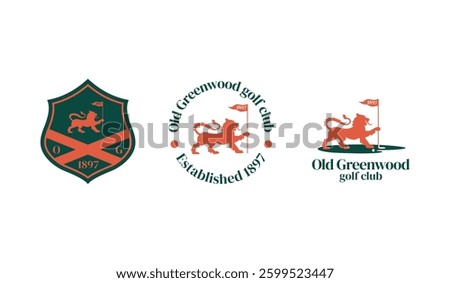 lion golf logo with flag in shield shape. Old Greenwood golf vintage logo.