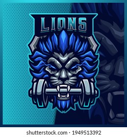 Lion Grab Barbel mascot esport logo design illustrations vector template, Fitness Blue Lion logo for team game streamer banner