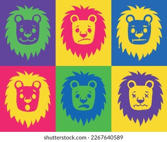 Lion graffiti set. NFT artwork with wild animal face in retro style. Non fungible token or crypto asset. Character expresses different emotions. Cartoon flat vector illustration collection