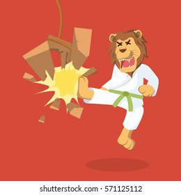 lion green belt karateka breaking board