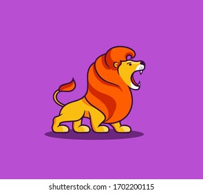 El león ruge rey, logo. Caricatura vectorial, logotipo, placa, pegatina, emblema sobre fondo morado aislado. Ilustración, plano, estilo de arte lineal, diseño creativo