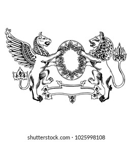 The Lion and the Gryphon hold a shield