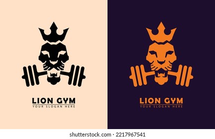 Lion Gym Face Icon Vector Logo. Vector Illustration Of The King Lion's Head Gym Combination, Simple Flat Design Two Color Choices. Great For Fitness Business, Home Gym, Apparel Industry Etc.