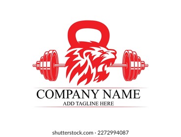 Lion Gym Logo with kettlebell and barbell, Gym and Fitness Logo 