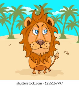 Lion hand drawing, cartoon character, vector illustration, caricature, card, cover, design element. Colorful painted comical cute funny leo on the background of the desert, palm trees and blue sky