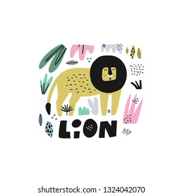 Lion hand drawn illustration. African predator cartoon character with lettering. Rainforest, savanna animal. King of jungle clipart. Zoo, safari mammal. Travel postcard, kids book design element