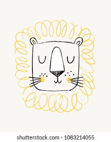 Lion hand drawn illustration vector. Cute doodle lion head.