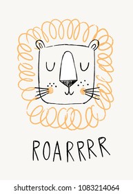 Lion hand drawn illustration vector. Cute doodle lion head with word roar. Kids, baby design for cards, poster, nursery wall art, clothing.