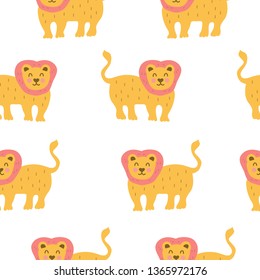 Lion hand drawn vector character  illustration seamless pattern.  Scandinavian, nordic style. Best for nursery, childish textile, apparel, background design.