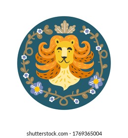 
Lion hand drawn vector illustration. Cute cartoon wild character poster.   
Crowned animalin a flower wreath drawing in Scandinavian style. Flat background.

