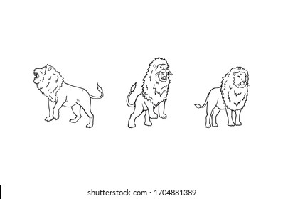 Lion hand drawn vector set, original illustration. Big cat in different positions, pen drawing sketch. King of all animals simple image. Wild and proud animal symbol. Zodiac sign decoration.