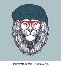 Lion hand drawn wearing a red glasses and beanie for your company or brand