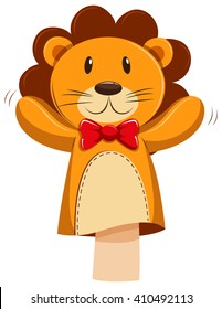 Lion hand puppet with red bow illustration