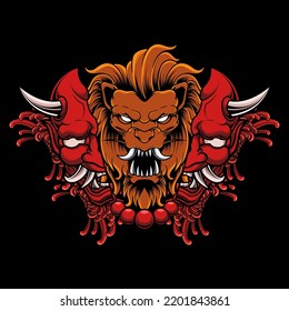 LION WITH HANNYA ONI MASK VECTOR ILLUSTRATION