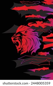 Lion head with abstract shapes, gradient red and black illustration. Background for printing on fabric.