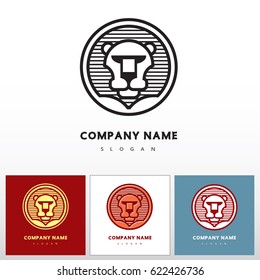Lion head - abstract vector icon, template for logo design. Graphic illustration of image in a circle. Black, red colors on white background.