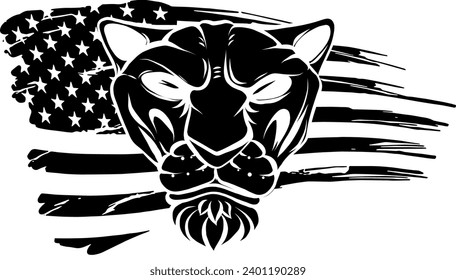 Cabeza de león e ilustración de arte vectorial de la vista frontal de la bandera estadounidense.
