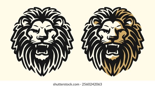 Lion head angry roaring emblem. Strength, power logo symbol. Wild predatory animal vector illustration