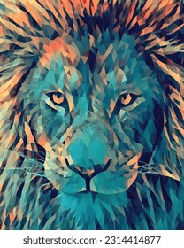 Lion head art vector illustration. Polygon lion head. Abstract colorful lion head. Scary and Majestic look of a lion.