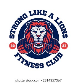 Lion head with barbell on mouth logo concept for fitness and gym
