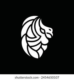 Cabeza de león con diseño de logotipo geométrico volador de pájaro sobre fondo negro