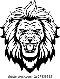 Lion Head In Black And White Mascot Style - Vector Hand Drawn Illustration Isolated On Transparent Background