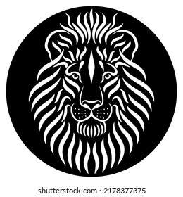 Lion head black and white vector drawing. Line art drawing illustration. The head of the king of beasts painted with white strokes on a black background. Can be used for printing on t-shirts, posters.