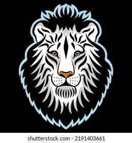 Lion head black and white vector drawing. Line art drawing illustration. The head of the king of beasts painted with white strokes Isolated on black background. Can be used for printing on t-shirts.