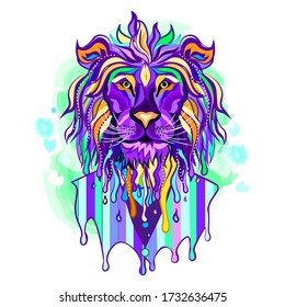 Lion head businessman engraving vector illustration. Pop art stile. Dripping paint portrait. Lion in a suit