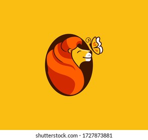 The lion head with butterfly logo. Vector cartoon character, logotype, badge, sticker, emblem on orange background isolated. Illustration, flat, line art style, creative design