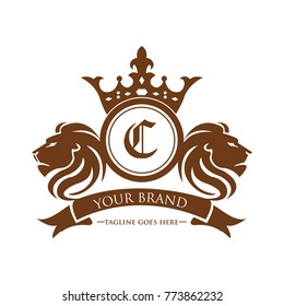 lion head C logotype with crown vector - gold color