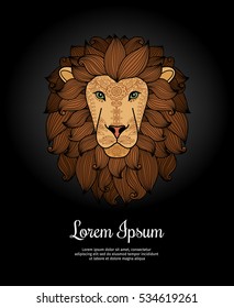 Lion head card template on dark background with text. Vector illustration