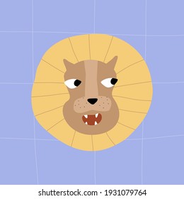 Lion head. Cartoon lion with open mouth and yellow mane. Wild African animal. Doodle illustration vector.	