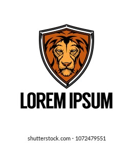 lion head cartoon with shield vector logo template