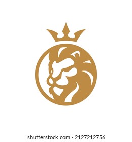 Lion Head, Circle, Crown Crest Logo, Lion Face Outline Silhouette Vector Icon