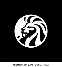 Cabeza de león en el diseño del logotipo del emblema de círculo. Ilustración vectorial de la cabeza de león en fondo oscuro
