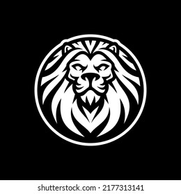 Lion head and circle emblem logo design. Lion mascot vector illustration on dark background