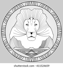 Lion head in circle frame, black and white drawing. Lion head emblem. Stylized lion head. Lion head symmetric drawing. Horoscope lion head. Lion head authority symbol.