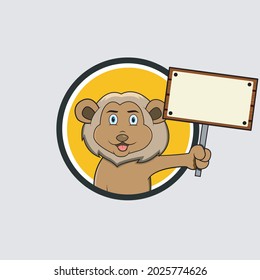 Etiqueta de círculo de cabeza de león con signo de pancarta en blanco, fondo de color amarillo, mascota, icono, carácter o logotipo, vector e ilustración.