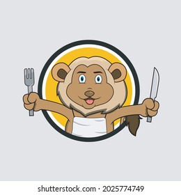 Lion Head Circle Label With Fork and Knife , Yellow Colors Background, Mascot, Icon, Character or Logo, Vector and Illustration.
