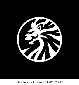 Lion head in a circle line art or silhouette logo design. Lion head vector illustration on dark background