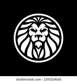 Lion head circle logo design. Lion crest vector icon on dark background