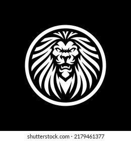 Lion head and circle mascot logo design. Lion emblem vector illustration on dark background