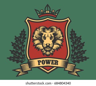 Lion head Coat of Arms with ribbon and oak wreath. Vector illustration