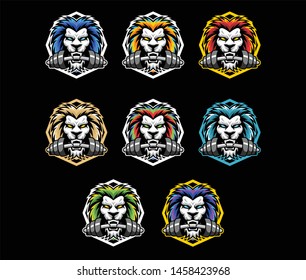 Lion head colorful vector, esport logo gaming, lion with dumbbell