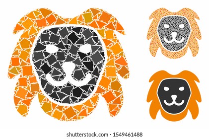 Lion head composition of ragged parts in various sizes and color tints, based on lion head icon. Vector ragged parts are composed into illustration. Lion head icons collage with dotted pattern.