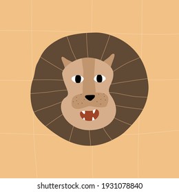 Lion head. Head of crazy lion with open mouth. Wild African animal. Doodle illustration vector.	