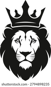 Lion head with crown front facing vector graphic, the artwork emphasizes the lion's powerful gaze