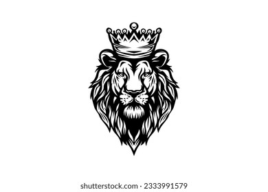 cabeza de león con corona, león rey, blanco negro vectorial